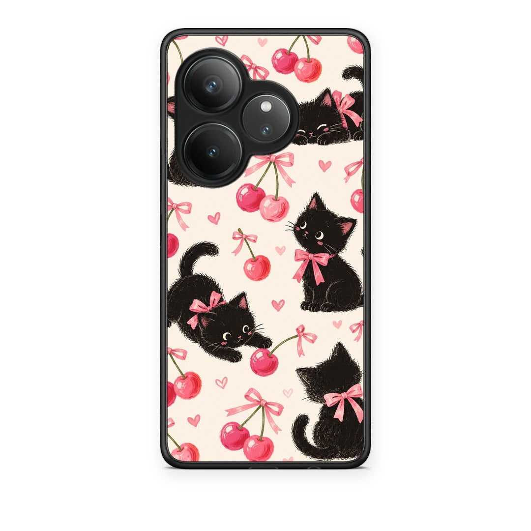 Θήκη Realme GT 6 5G Black Kittens and Cherries on Cream από τη Smartfits με σχέδιο στο πίσω μέρος και μαύρο περίβλημα | Realme GT 6 5G Black Kittens and Cherries on Cream case with colorful back and black bezels