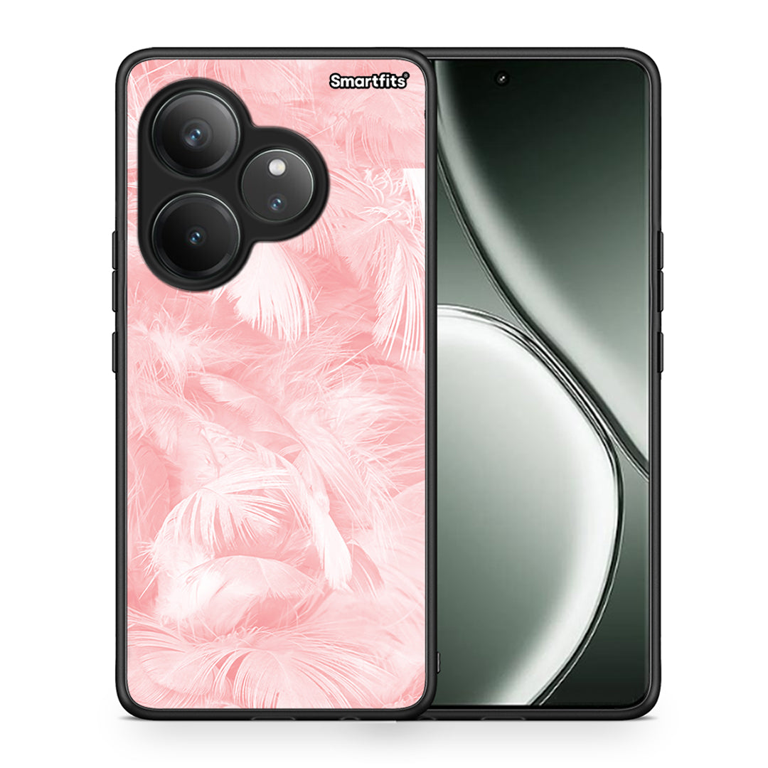 Θήκη Realme GT 6 5G Pink Feather Boho από τη Smartfits με σχέδιο στο πίσω μέρος και μαύρο περίβλημα | Realme GT 6 5G Pink Feather Boho case with colorful back and black bezels