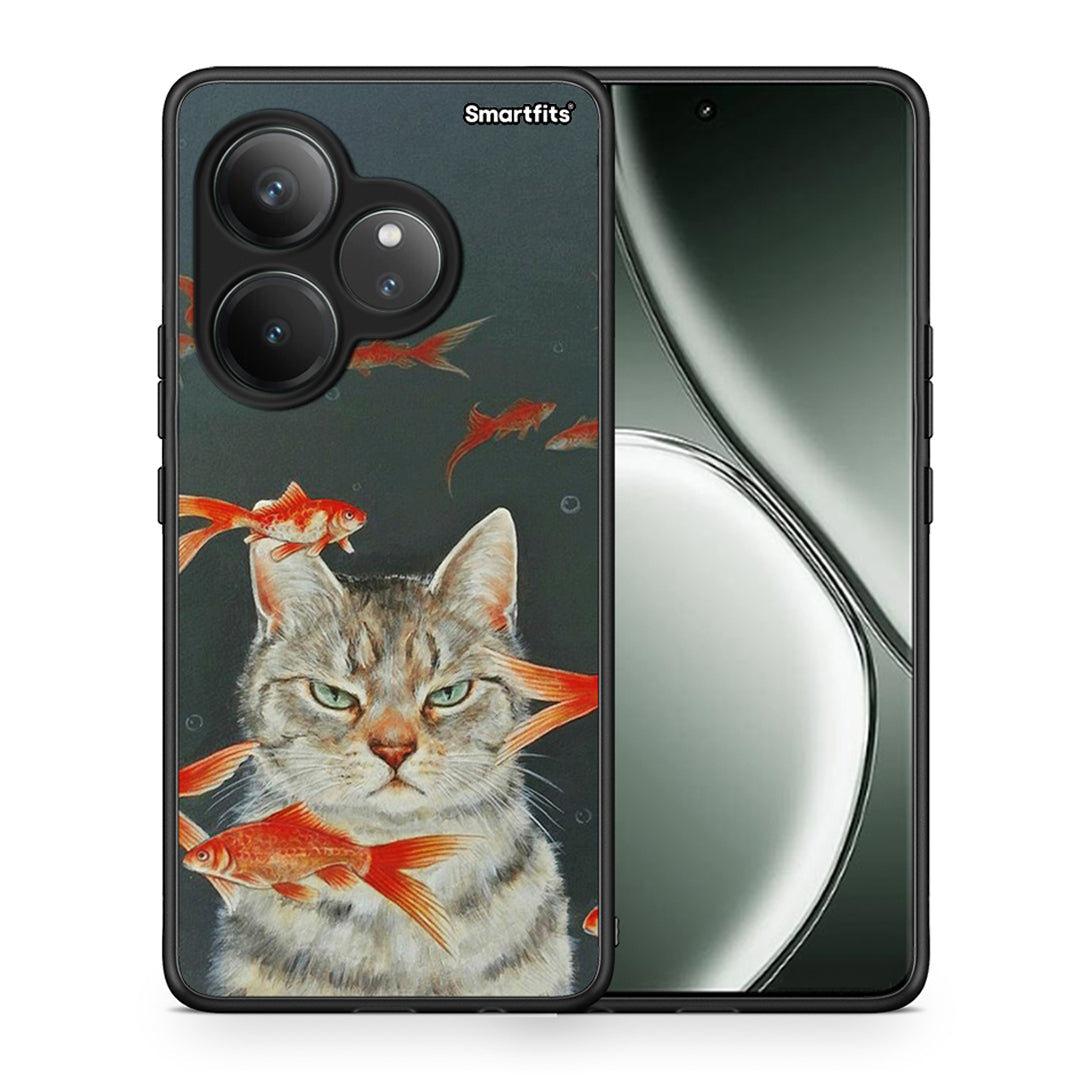 Θήκη Realme GT 6 5G Cat Goldfish από τη Smartfits με σχέδιο στο πίσω μέρος και μαύρο περίβλημα | Realme GT 6 5G Cat Goldfish case with colorful back and black bezels