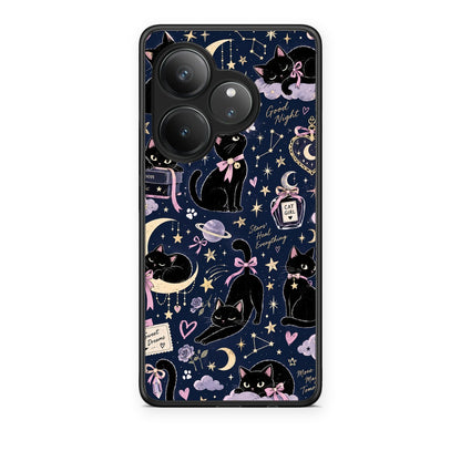 Θήκη Realme GT 6 5G Celestial Black Cats on Navy από τη Smartfits με σχέδιο στο πίσω μέρος και μαύρο περίβλημα | Realme GT 6 5G Celestial Black Cats on Navy case with colorful back and black bezels