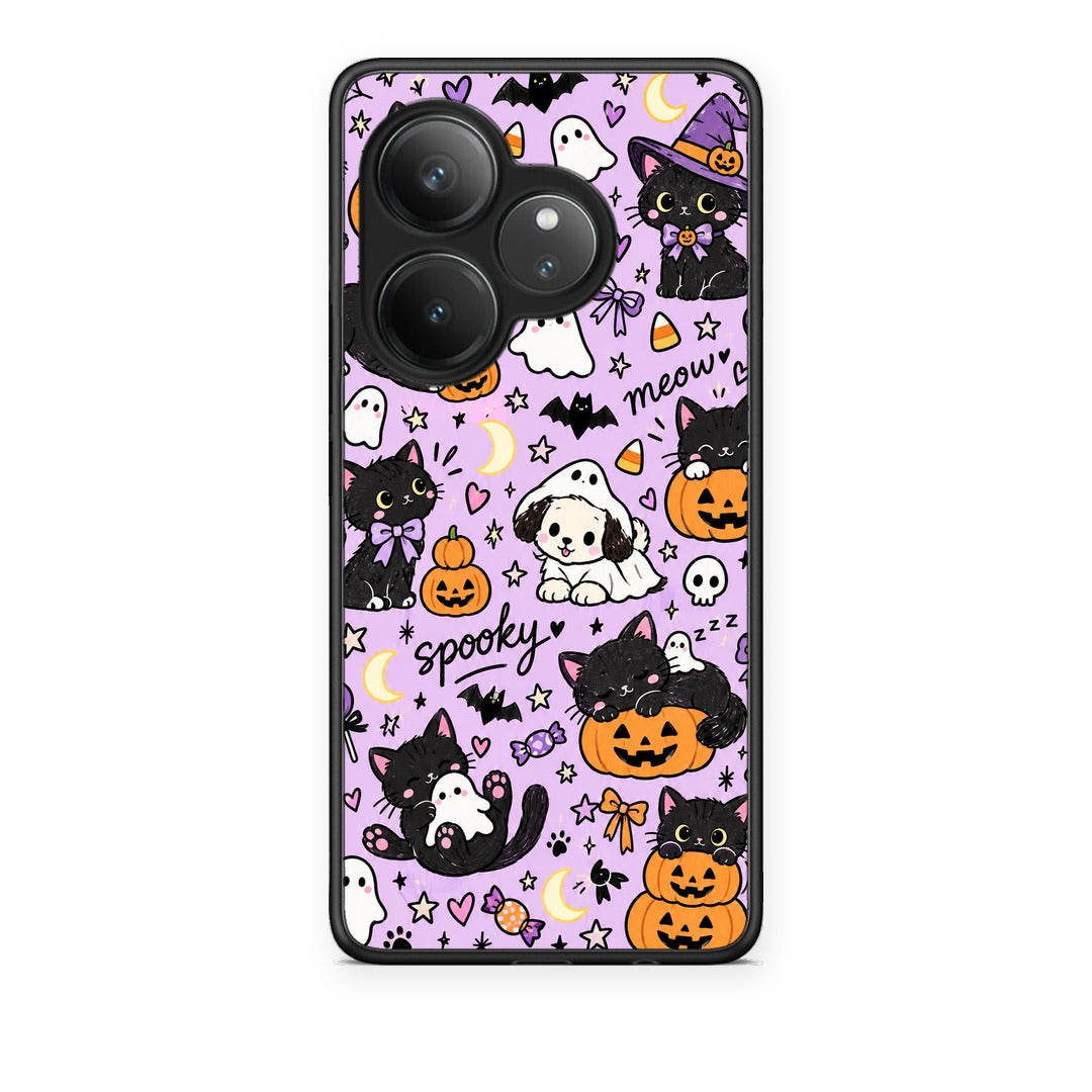 Θήκη Realme GT 6 5G Halloween Black Cats on Lilac από τη Smartfits με σχέδιο στο πίσω μέρος και μαύρο περίβλημα | Realme GT 6 5G Halloween Black Cats on Lilac case with colorful back and black bezels