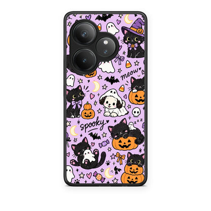 Θήκη Realme GT 6 5G Halloween Black Cats on Lilac από τη Smartfits με σχέδιο στο πίσω μέρος και μαύρο περίβλημα | Realme GT 6 5G Halloween Black Cats on Lilac case with colorful back and black bezels
