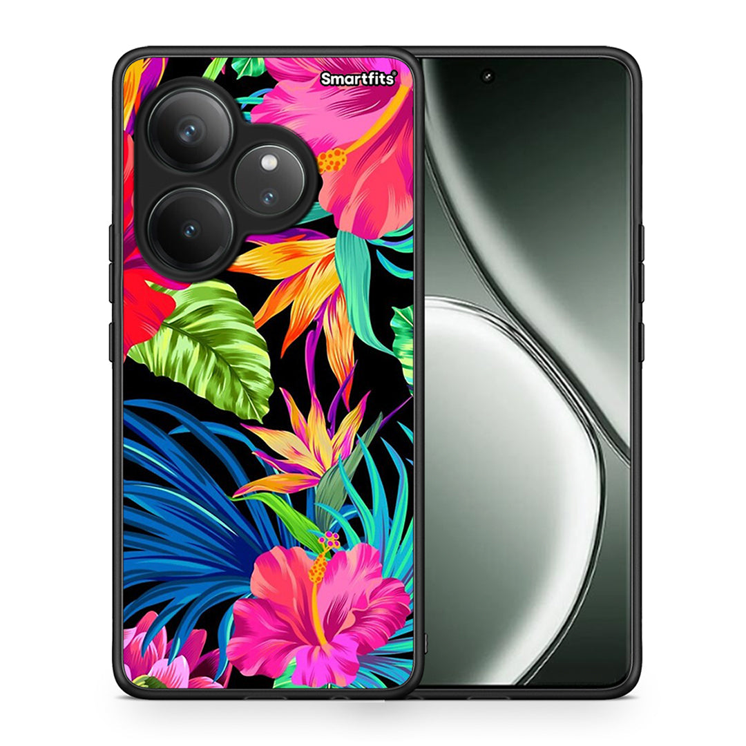 Θήκη Realme GT 6 5G Tropical Flowers από τη Smartfits με σχέδιο στο πίσω μέρος και μαύρο περίβλημα | Realme GT 6 5G Tropical Flowers case with colorful back and black bezels