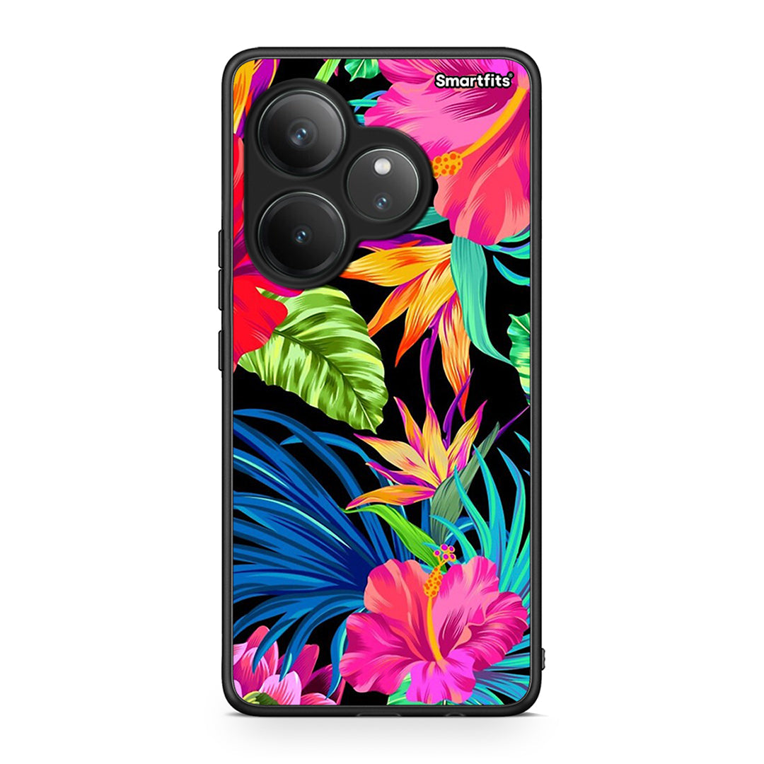 Realme GT 6 5G Tropical Flowers θήκη από τη Smartfits με σχέδιο στο πίσω μέρος και μαύρο περίβλημα | Smartphone case with colorful back and black bezels by Smartfits
