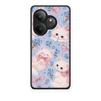 Θήκη Realme GT 6 5G White Kittens and Blue Flowers Large από τη Smartfits με σχέδιο στο πίσω μέρος και μαύρο περίβλημα | Realme GT 6 5G White Kittens and Blue Flowers Large case with colorful back and black bezels