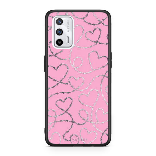 Θήκη Realme GT Barbed Wire Hearts on Pink από τη Smartfits με σχέδιο στο πίσω μέρος και μαύρο περίβλημα | Realme GT Barbed Wire Hearts on Pink case with colorful back and black bezels