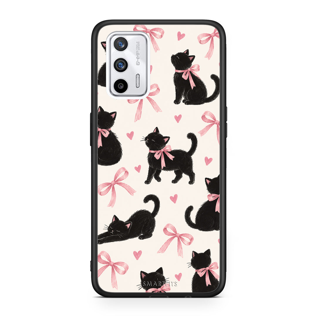 Θήκη Realme GT Black Kittens and Pink Bows on Cream Large από τη Smartfits με σχέδιο στο πίσω μέρος και μαύρο περίβλημα | Realme GT Black Kittens and Pink Bows on Cream Large case with colorful back and black bezels