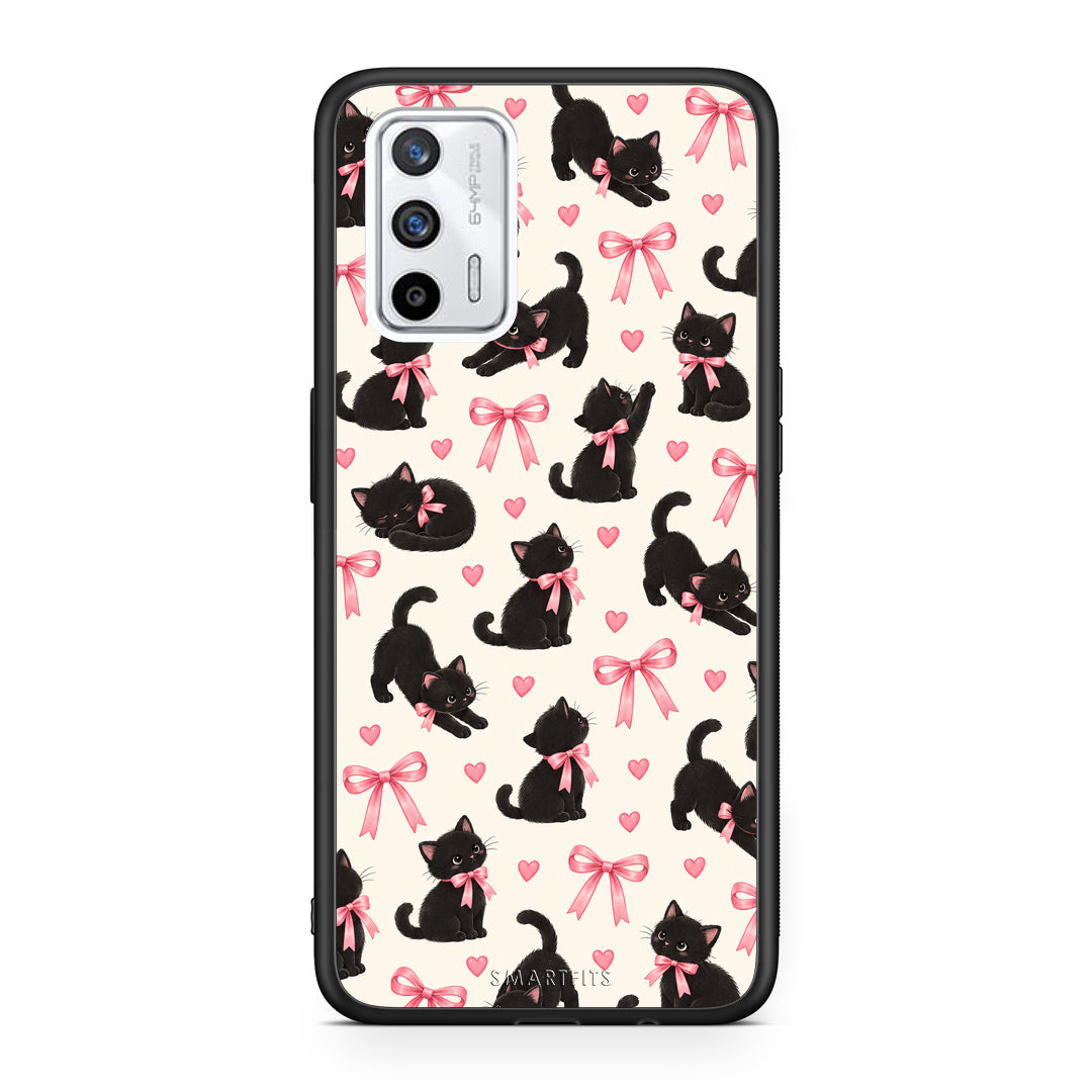 Θήκη Realme GT Black Kittens and Pink Bows on Cream Small από τη Smartfits με σχέδιο στο πίσω μέρος και μαύρο περίβλημα | Realme GT Black Kittens and Pink Bows on Cream Small case with colorful back and black bezels