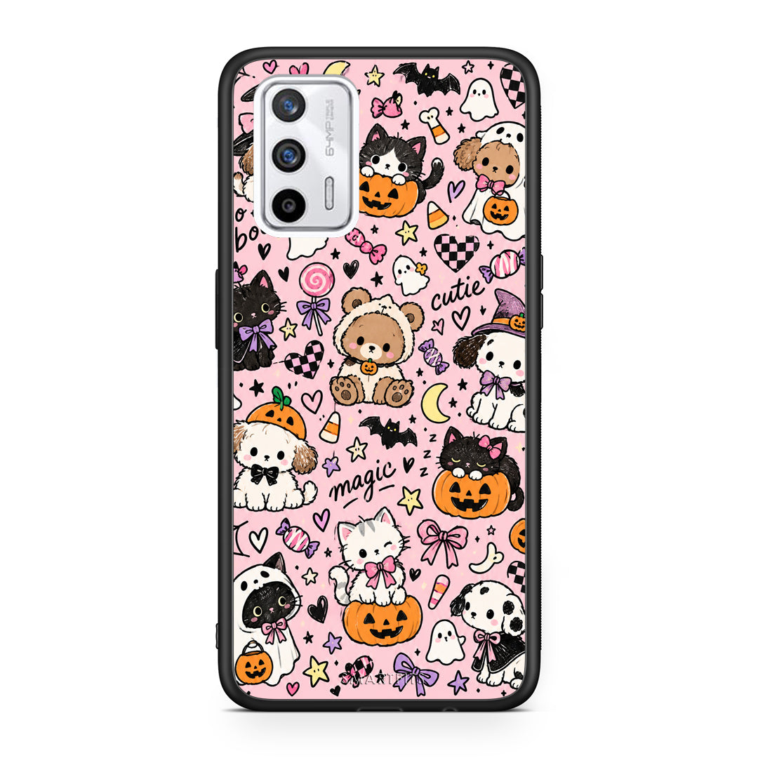 Θήκη Realme GT Halloween Cute Animals on Pink από τη Smartfits με σχέδιο στο πίσω μέρος και μαύρο περίβλημα | Realme GT Halloween Cute Animals on Pink case with colorful back and black bezels