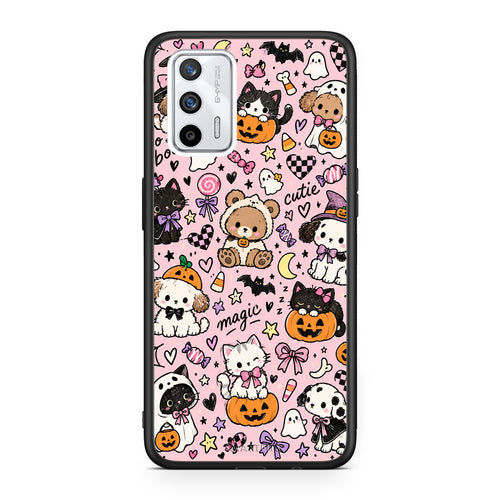 Θήκη Realme GT Halloween Cute Animals on Pink από τη Smartfits με σχέδιο στο πίσω μέρος και μαύρο περίβλημα | Realme GT Halloween Cute Animals on Pink case with colorful back and black bezels