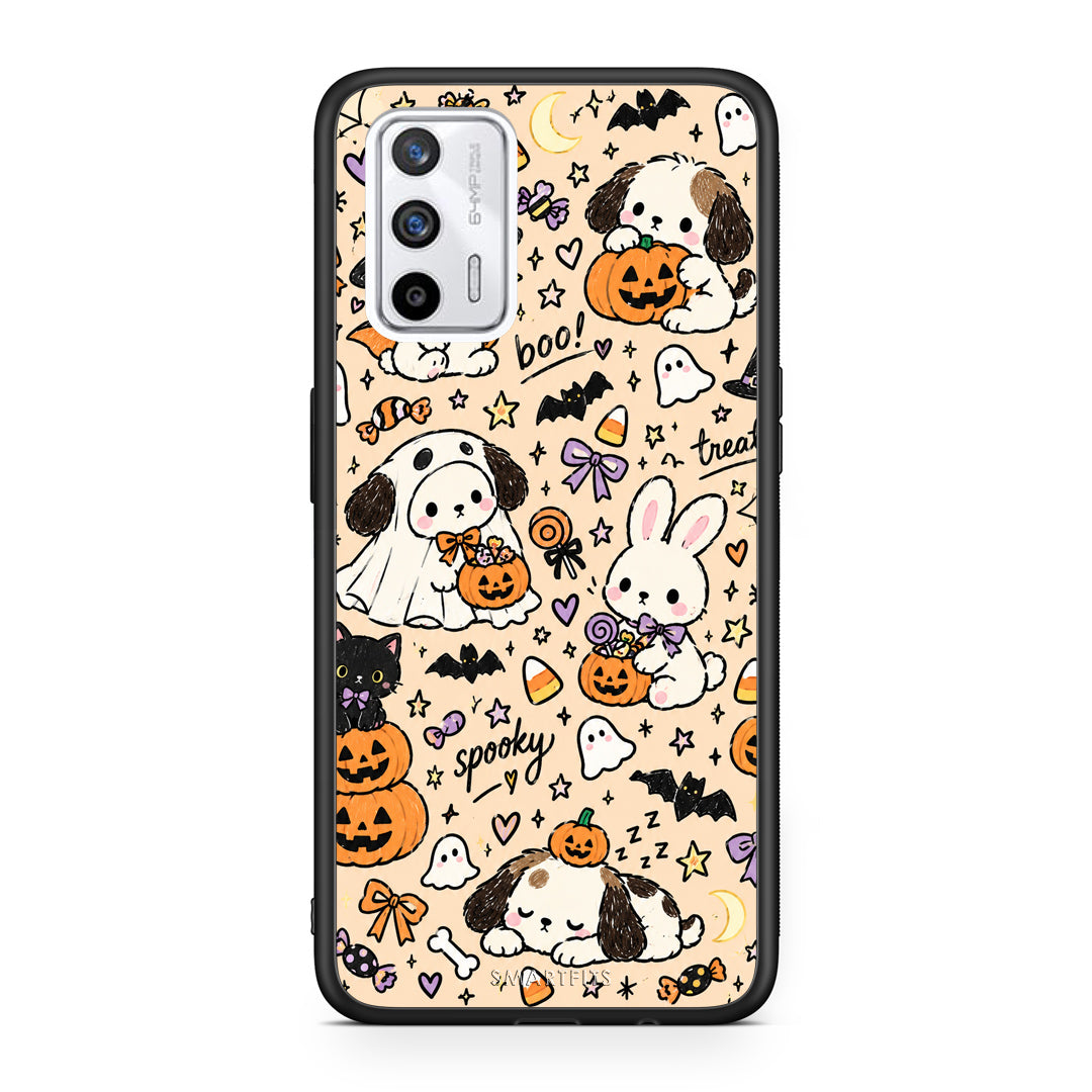 Θήκη Realme GT Halloween Puppies and Friends on Cream από τη Smartfits με σχέδιο στο πίσω μέρος και μαύρο περίβλημα | Realme GT Halloween Puppies and Friends on Cream case with colorful back and black bezels