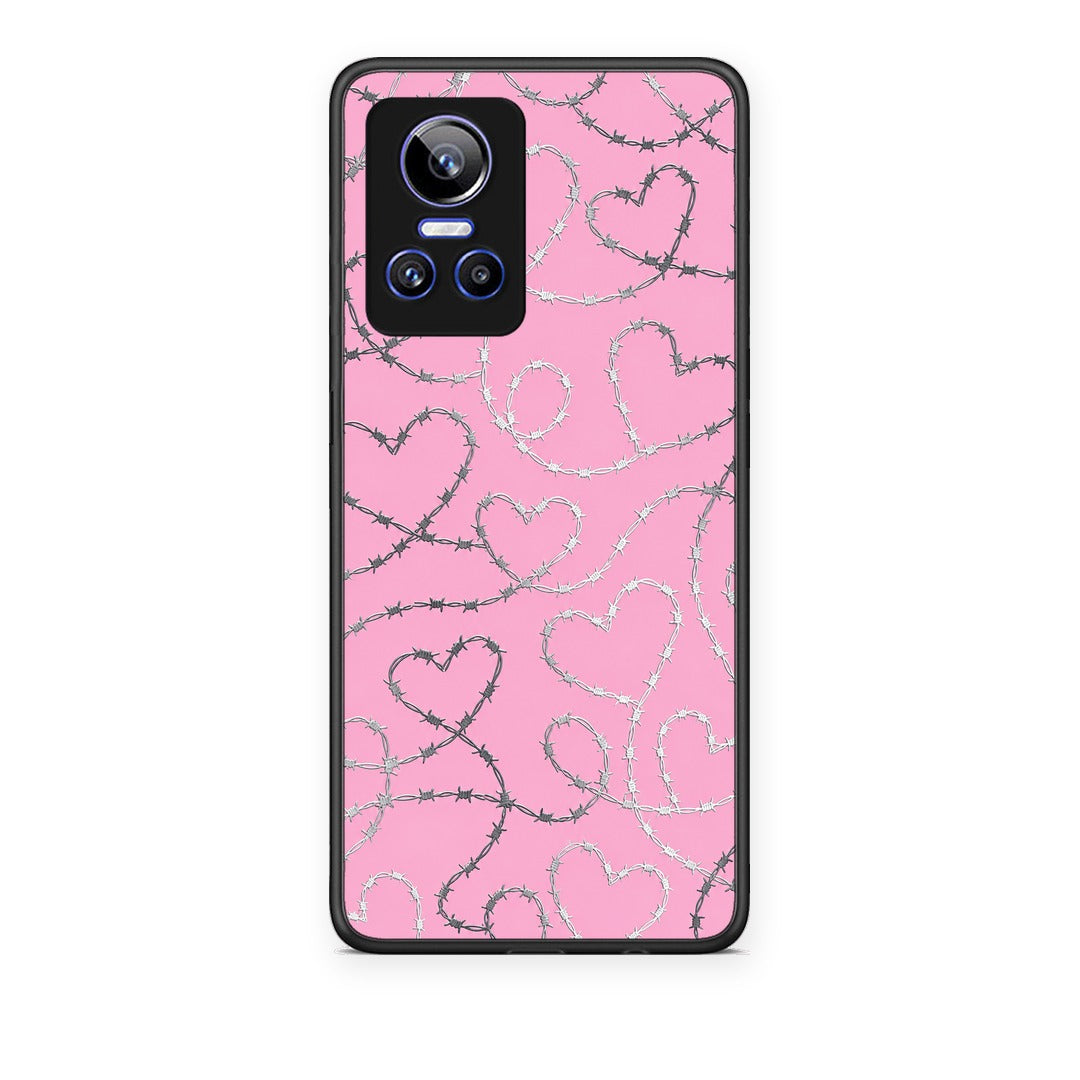 Θήκη Realme GT Neo 3 Barbed Wire Hearts on Pink από τη Smartfits με σχέδιο στο πίσω μέρος και μαύρο περίβλημα | Realme GT Neo 3 Barbed Wire Hearts on Pink case with colorful back and black bezels