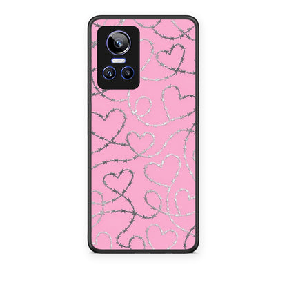 Θήκη Realme GT Neo 3 Barbed Wire Hearts on Pink από τη Smartfits με σχέδιο στο πίσω μέρος και μαύρο περίβλημα | Realme GT Neo 3 Barbed Wire Hearts on Pink case with colorful back and black bezels