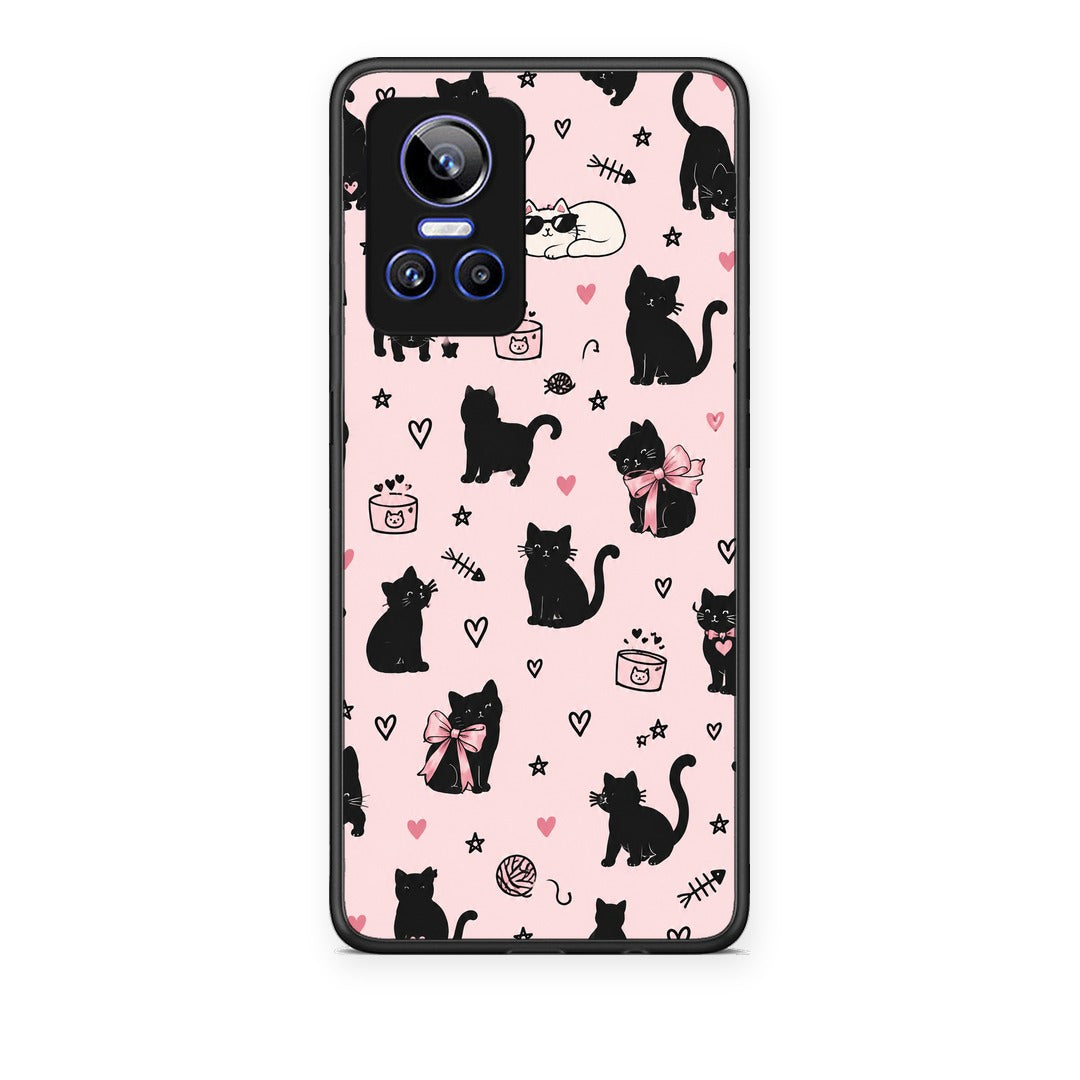 Θήκη Realme GT Neo 3 Black Cat Doodles on Pink από τη Smartfits με σχέδιο στο πίσω μέρος και μαύρο περίβλημα | Realme GT Neo 3 Black Cat Doodles on Pink case with colorful back and black bezels
