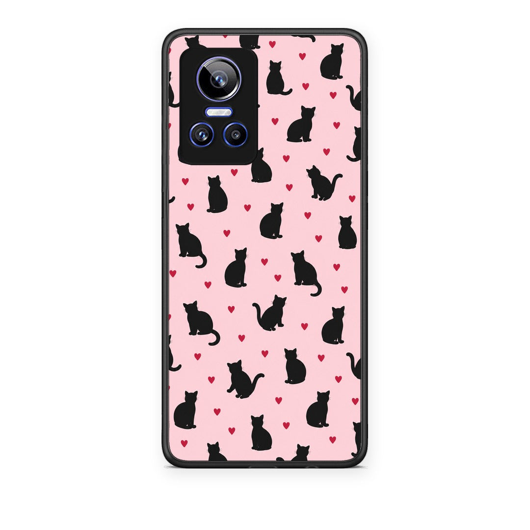 Θήκη Realme GT Neo 3 Black Cat Silhouettes and Hearts on Pink από τη Smartfits με σχέδιο στο πίσω μέρος και μαύρο περίβλημα | Realme GT Neo 3 Black Cat Silhouettes and Hearts on Pink case with colorful back and black bezels