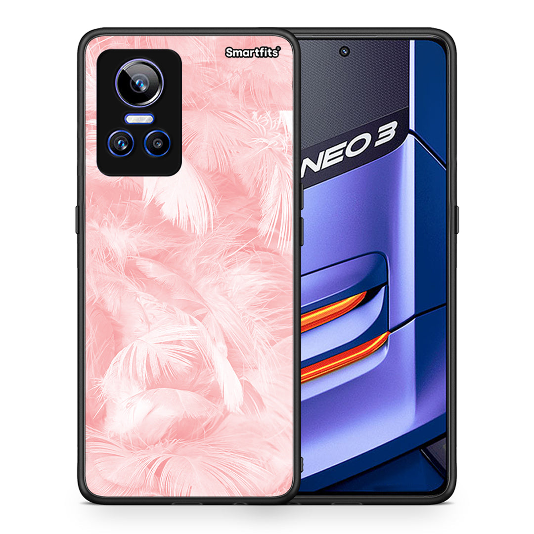 Θήκη Realme GT Neo 3 Pink Feather Boho από τη Smartfits με σχέδιο στο πίσω μέρος και μαύρο περίβλημα | Realme GT Neo 3 Pink Feather Boho case with colorful back and black bezels