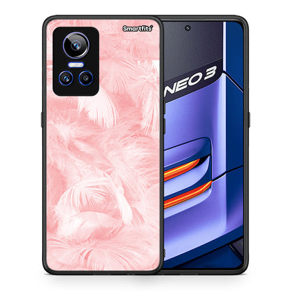 Θήκη Realme GT Neo 3 Pink Feather Boho από τη Smartfits με σχέδιο στο πίσω μέρος και μαύρο περίβλημα | Realme GT Neo 3 Pink Feather Boho case with colorful back and black bezels