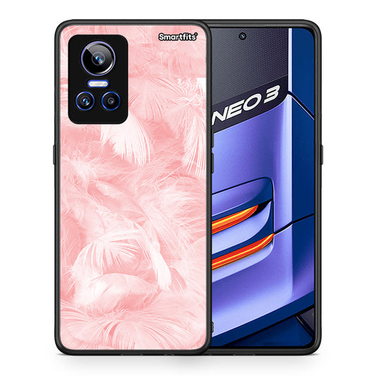 Θήκη Realme GT Neo 3 Pink Feather Boho από τη Smartfits με σχέδιο στο πίσω μέρος και μαύρο περίβλημα | Realme GT Neo 3 Pink Feather Boho case with colorful back and black bezels