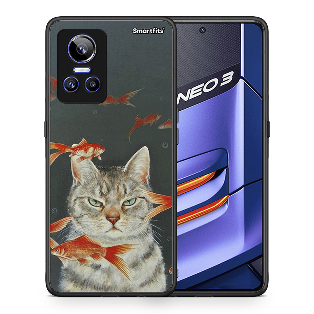 Θήκη Realme GT Neo 3 Cat Goldfish από τη Smartfits με σχέδιο στο πίσω μέρος και μαύρο περίβλημα | Realme GT Neo 3 Cat Goldfish case with colorful back and black bezels