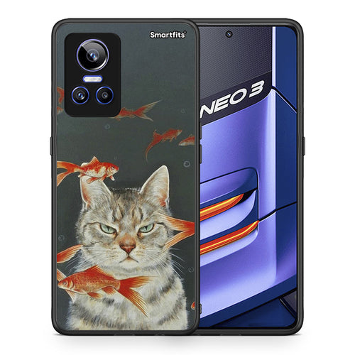 Θήκη Realme GT Neo 3 Cat Goldfish από τη Smartfits με σχέδιο στο πίσω μέρος και μαύρο περίβλημα | Realme GT Neo 3 Cat Goldfish case with colorful back and black bezels