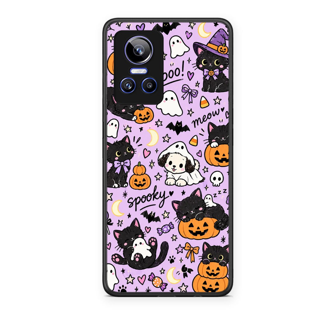Θήκη Realme GT Neo 3 Halloween Black Cats on Lilac από τη Smartfits με σχέδιο στο πίσω μέρος και μαύρο περίβλημα | Realme GT Neo 3 Halloween Black Cats on Lilac case with colorful back and black bezels