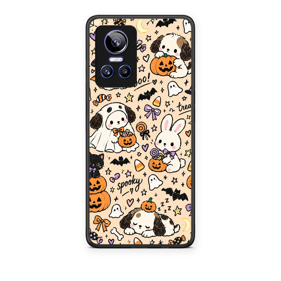Θήκη Realme GT Neo 3 Halloween Puppies and Friends on Cream από τη Smartfits με σχέδιο στο πίσω μέρος και μαύρο περίβλημα | Realme GT Neo 3 Halloween Puppies and Friends on Cream case with colorful back and black bezels