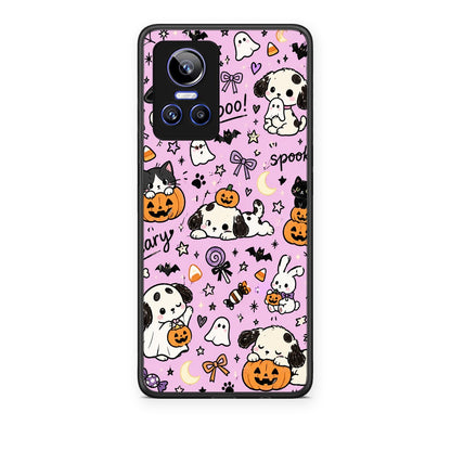 Θήκη Realme GT Neo 3 Halloween Puppies and Friends on Lilac από τη Smartfits με σχέδιο στο πίσω μέρος και μαύρο περίβλημα | Realme GT Neo 3 Halloween Puppies and Friends on Lilac case with colorful back and black bezels