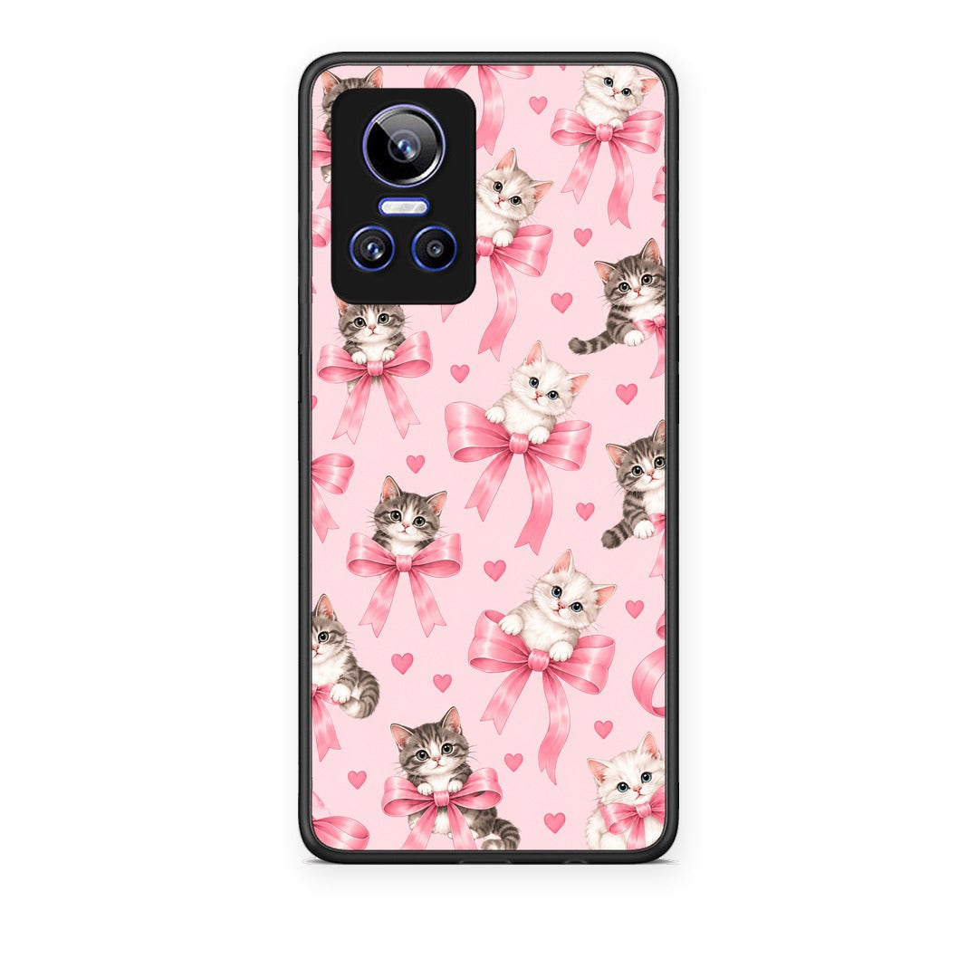 Θήκη Realme GT Neo 3 Kittens and Pink Bows on Pink από τη Smartfits με σχέδιο στο πίσω μέρος και μαύρο περίβλημα | Realme GT Neo 3 Kittens and Pink Bows on Pink case with colorful back and black bezels