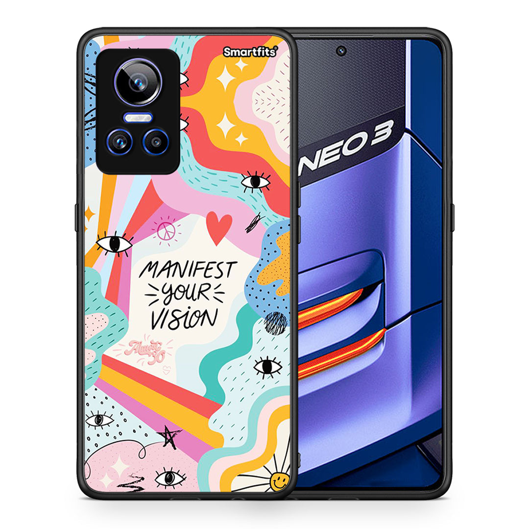 Θήκη Realme GT Neo 3 Manifest Your Vision από τη Smartfits με σχέδιο στο πίσω μέρος και μαύρο περίβλημα | Realme GT Neo 3 Manifest Your Vision case with colorful back and black bezels