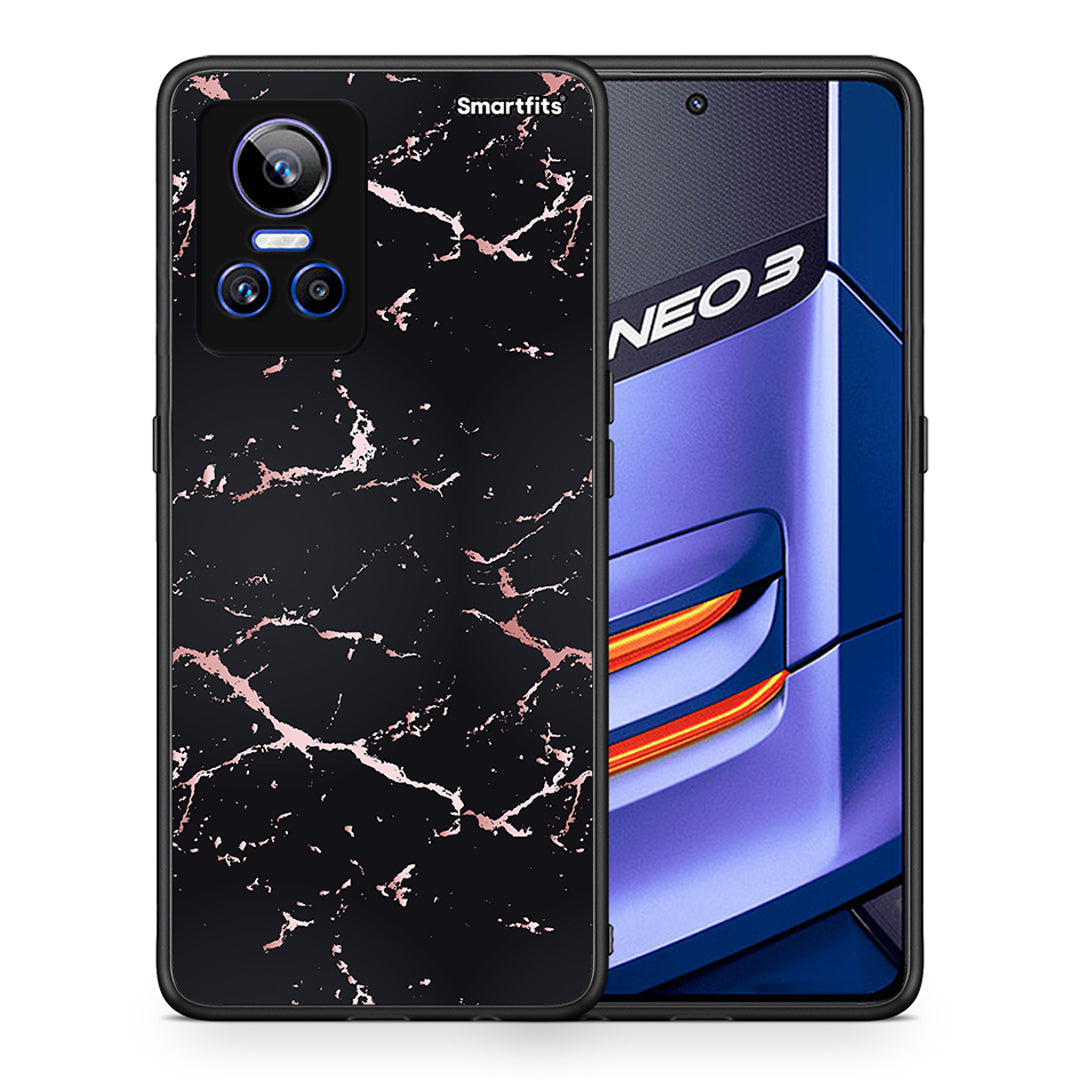 Θήκη Realme GT Neo 3 Black Rosegold Marble από τη Smartfits με σχέδιο στο πίσω μέρος και μαύρο περίβλημα | Realme GT Neo 3 Black Rosegold Marble case with colorful back and black bezels
