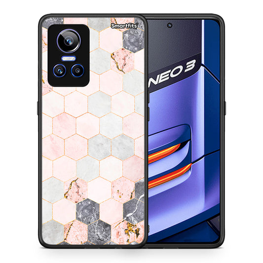 Θήκη Realme GT Neo 3 Hexagon Pink Marble από τη Smartfits με σχέδιο στο πίσω μέρος και μαύρο περίβλημα | Realme GT Neo 3 Hexagon Pink Marble case with colorful back and black bezels