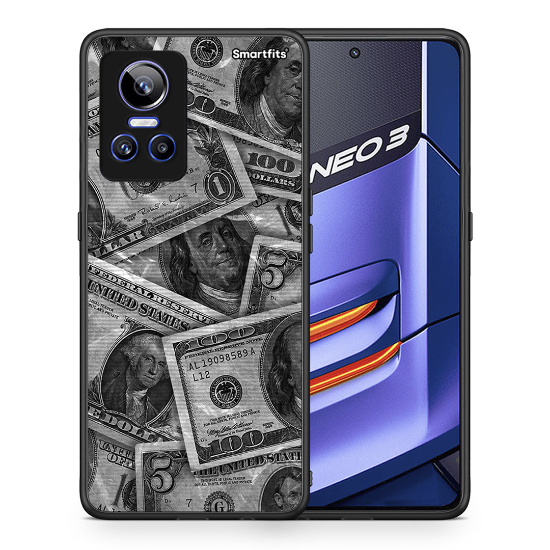 Θήκη Realme GT Neo 3 Money Dollars από τη Smartfits με σχέδιο στο πίσω μέρος και μαύρο περίβλημα | Realme GT Neo 3 Money Dollars case with colorful back and black bezels