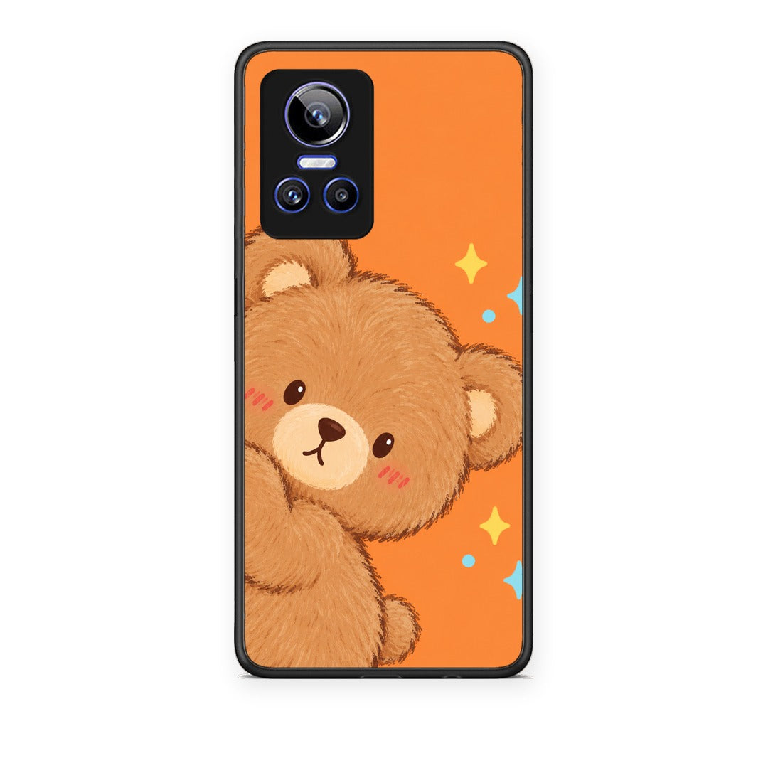 Θήκη Realme GT Neo 3 Peekaboo Teddy on Orange από τη Smartfits με σχέδιο στο πίσω μέρος και μαύρο περίβλημα | Realme GT Neo 3 Peekaboo Teddy on Orange case with colorful back and black bezels