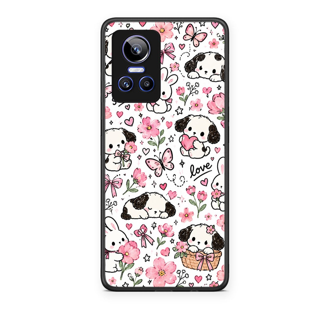 Θήκη Realme GT Neo 3 Pink Florals Puppies and Bunnies on White από τη Smartfits με σχέδιο στο πίσω μέρος και μαύρο περίβλημα | Realme GT Neo 3 Pink Florals Puppies and Bunnies on White case with colorful back and black bezels