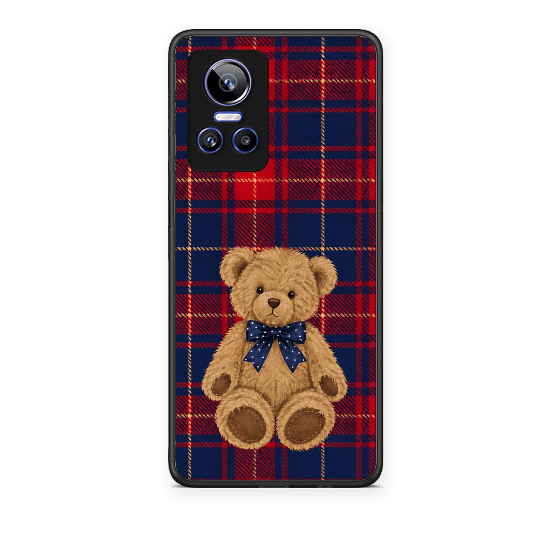Θήκη Realme GT Neo 3 Teddy Bear on Red and Navy Tartan από τη Smartfits με σχέδιο στο πίσω μέρος και μαύρο περίβλημα | Realme GT Neo 3 Teddy Bear on Red and Navy Tartan case with colorful back and black bezels