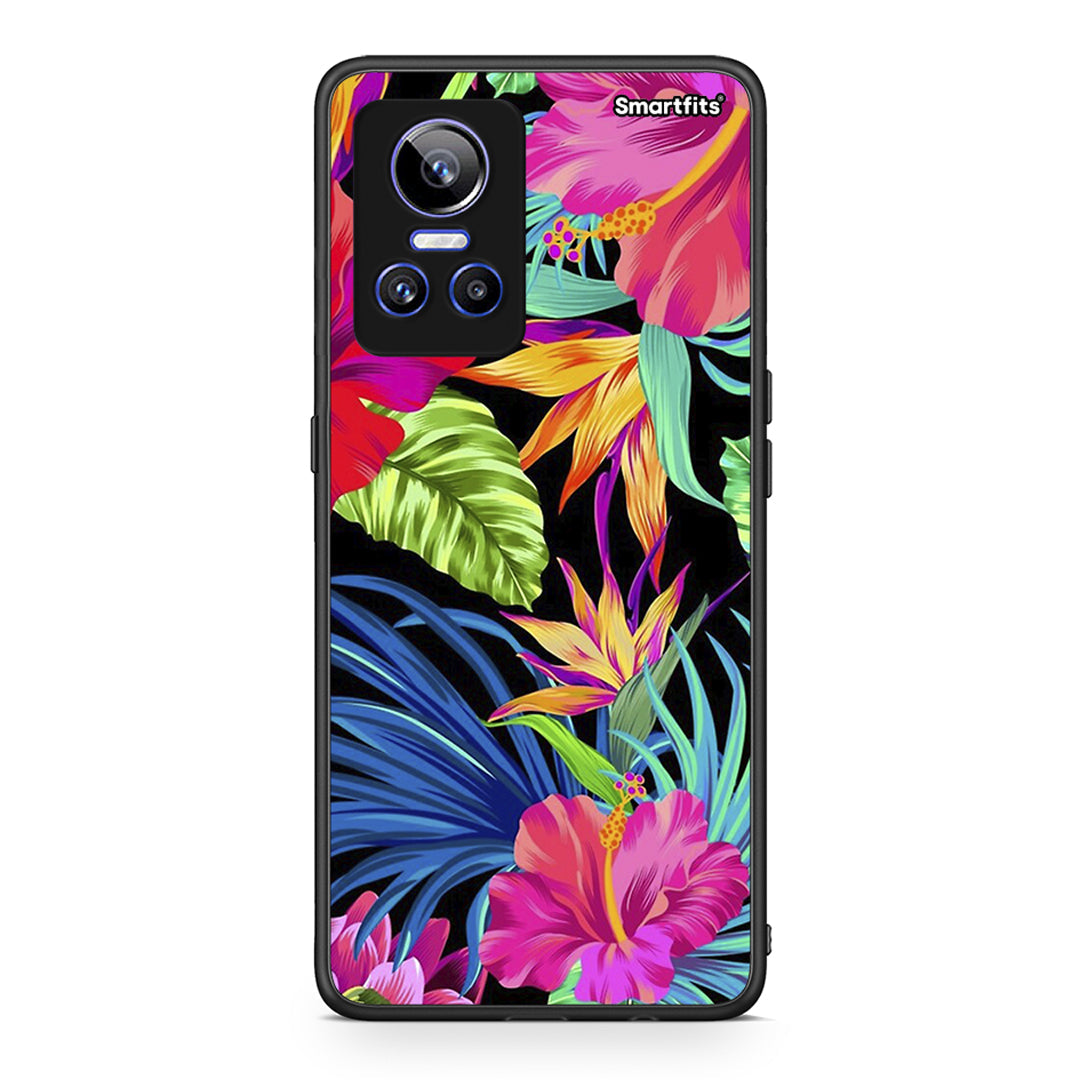 Realme GT Neo 3 Tropical Flowers θήκη από τη Smartfits με σχέδιο στο πίσω μέρος και μαύρο περίβλημα | Smartphone case with colorful back and black bezels by Smartfits