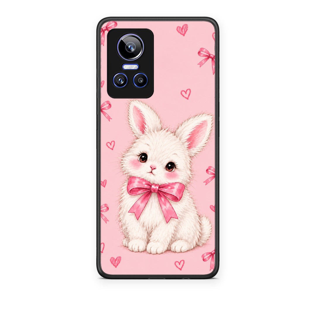 Θήκη Realme GT Neo 3 White Bunny and Pink Bows από τη Smartfits με σχέδιο στο πίσω μέρος και μαύρο περίβλημα | Realme GT Neo 3 White Bunny and Pink Bows case with colorful back and black bezels