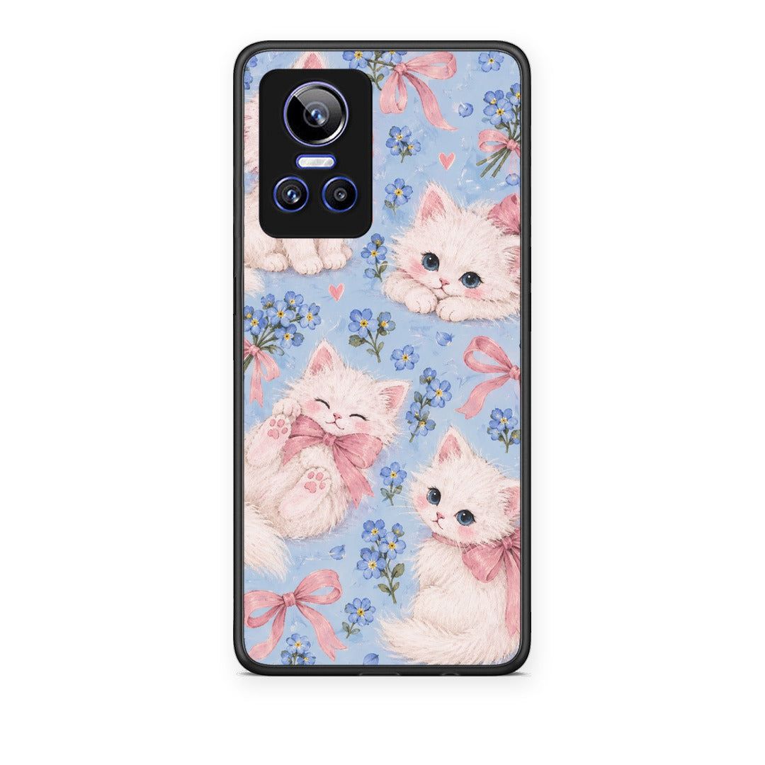 Θήκη Realme GT Neo 3 White Kittens and Blue Flowers Large από τη Smartfits με σχέδιο στο πίσω μέρος και μαύρο περίβλημα | Realme GT Neo 3 White Kittens and Blue Flowers Large case with colorful back and black bezels