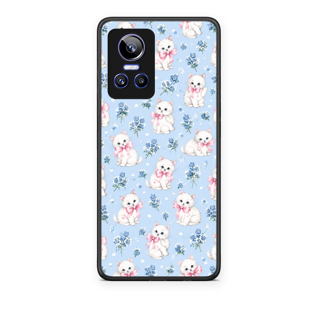 Θήκη Realme GT Neo 3 White Kittens and Blue Flowers Small από τη Smartfits με σχέδιο στο πίσω μέρος και μαύρο περίβλημα | Realme GT Neo 3 White Kittens and Blue Flowers Small case with colorful back and black bezels