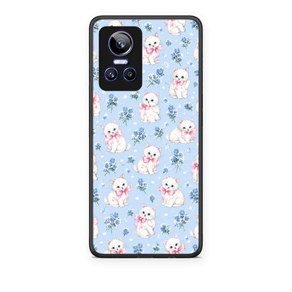 Θήκη Realme GT Neo 3 White Kittens and Blue Flowers Small από τη Smartfits με σχέδιο στο πίσω μέρος και μαύρο περίβλημα | Realme GT Neo 3 White Kittens and Blue Flowers Small case with colorful back and black bezels