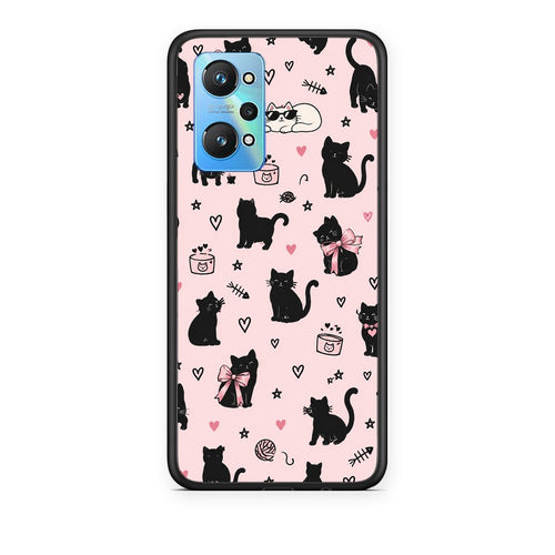 Θήκη Realme GT Neo 3T Black Cat Doodles on Pink από τη Smartfits με σχέδιο στο πίσω μέρος και μαύρο περίβλημα | Realme GT Neo 3T Black Cat Doodles on Pink case with colorful back and black bezels
