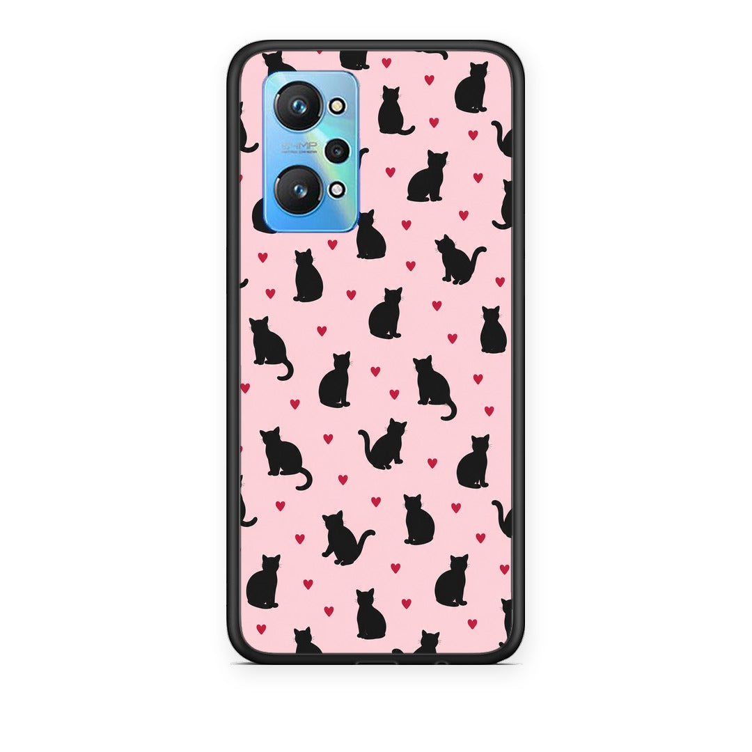 Θήκη Realme GT Neo 3T Black Cat Silhouettes and Hearts on Pink από τη Smartfits με σχέδιο στο πίσω μέρος και μαύρο περίβλημα | Realme GT Neo 3T Black Cat Silhouettes and Hearts on Pink case with colorful back and black bezels