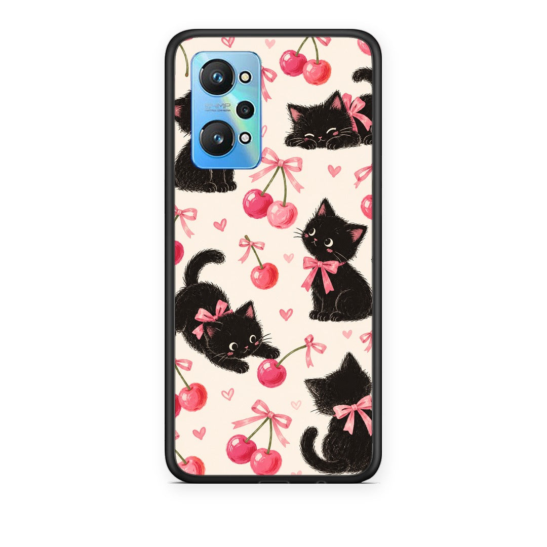 Θήκη Realme GT Neo 3T Black Kittens and Cherries on Cream από τη Smartfits με σχέδιο στο πίσω μέρος και μαύρο περίβλημα | Realme GT Neo 3T Black Kittens and Cherries on Cream case with colorful back and black bezels