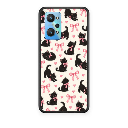 Θήκη Realme GT Neo 3T Black Kittens and Pink Bows on Cream Small από τη Smartfits με σχέδιο στο πίσω μέρος και μαύρο περίβλημα | Realme GT Neo 3T Black Kittens and Pink Bows on Cream Small case with colorful back and black bezels