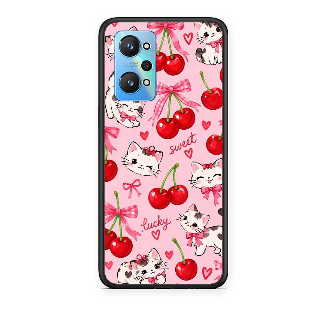 Θήκη Realme GT Neo 3T Cherries Bows and Kittens on Pink από τη Smartfits με σχέδιο στο πίσω μέρος και μαύρο περίβλημα | Realme GT Neo 3T Cherries Bows and Kittens on Pink case with colorful back and black bezels