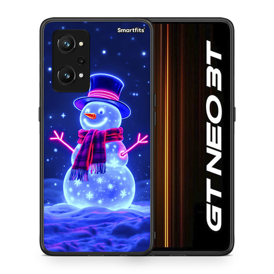 Θήκη Realme GT Neo 3T Christmas Neon Snowman από τη Smartfits με σχέδιο στο πίσω μέρος και μαύρο περίβλημα | Realme GT Neo 3T Christmas Neon Snowman case with colorful back and black bezels