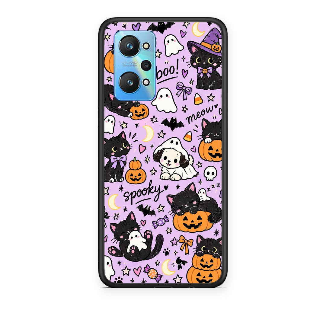 Θήκη Realme GT Neo 3T Halloween Black Cats on Lilac από τη Smartfits με σχέδιο στο πίσω μέρος και μαύρο περίβλημα | Realme GT Neo 3T Halloween Black Cats on Lilac case with colorful back and black bezels