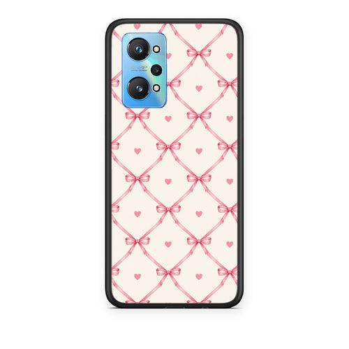 Θήκη Realme GT Neo 3T Pink Bow Lattice and Hearts on Cream από τη Smartfits με σχέδιο στο πίσω μέρος και μαύρο περίβλημα | Realme GT Neo 3T Pink Bow Lattice and Hearts on Cream case with colorful back and black bezels