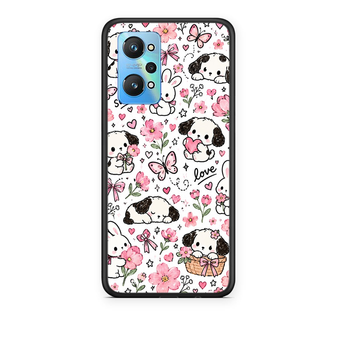 Θήκη Realme GT Neo 3T Pink Florals Puppies and Bunnies on White από τη Smartfits με σχέδιο στο πίσω μέρος και μαύρο περίβλημα | Realme GT Neo 3T Pink Florals Puppies and Bunnies on White case with colorful back and black bezels