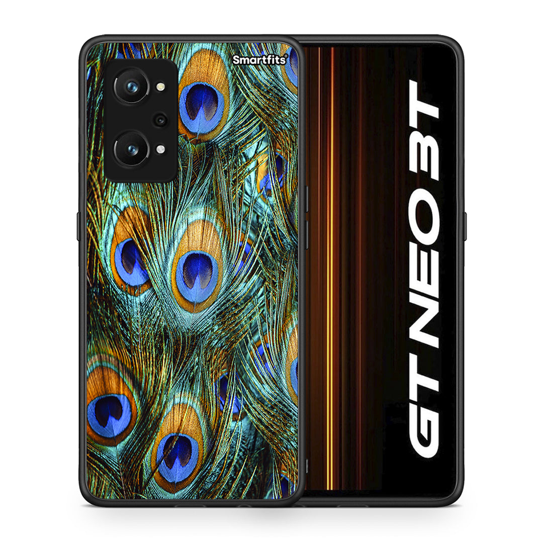 Θήκη Realme GT Neo 3T Real Peacock Feathers από τη Smartfits με σχέδιο στο πίσω μέρος και μαύρο περίβλημα | Realme GT Neo 3T Real Peacock Feathers case with colorful back and black bezels